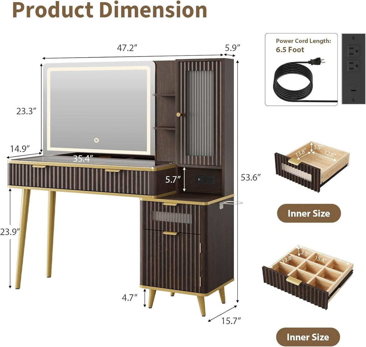 48 Inch Vanity Desk With Mirror Led Lights And Charging Station. Mesa para maquillaje, mesa para dormitorio. Mesa Moderna de maquillaje