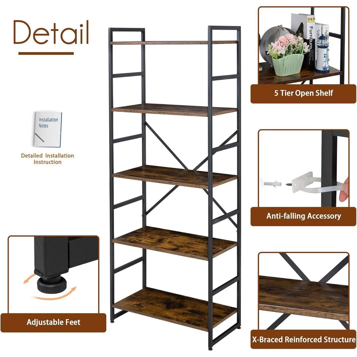 Pair Of 5 Shelf Bookcases Rustic Brown Industrial Tall