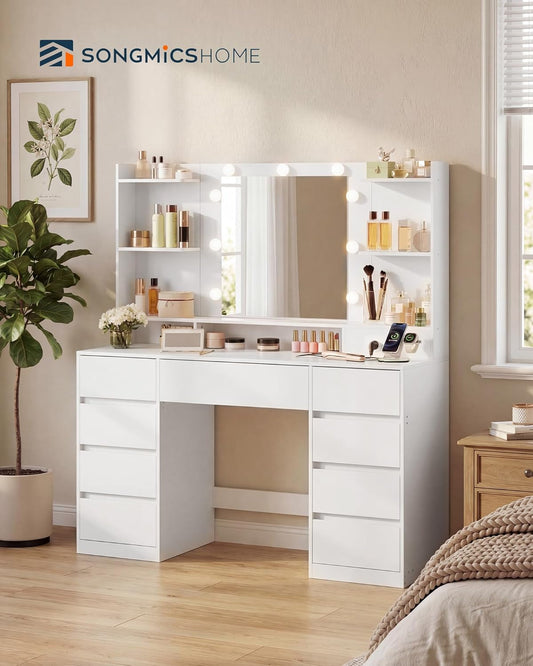 White Makeup Vanity Desk With Integrated LED Mirror