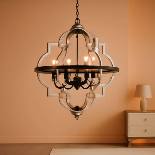 Industrial Oak Finish Farmhouse Chandelier Six Light