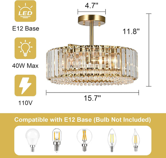 Gold Crystal Chandelier Semi Flush Mount Luminaire