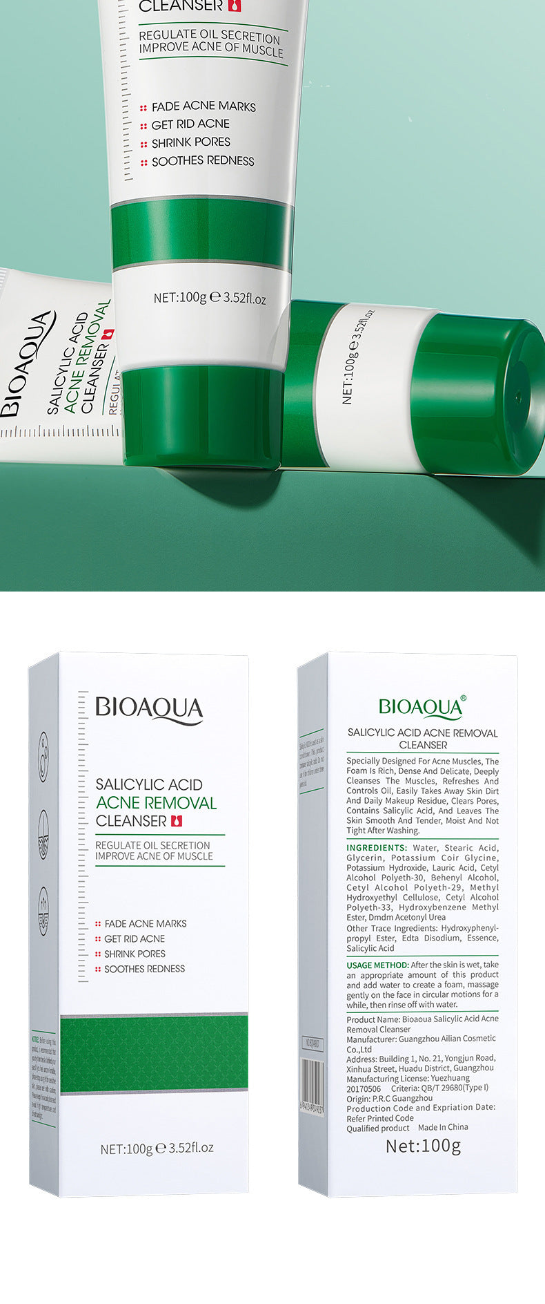 BIOAQUA Salicylic Acid Facial Cleanser Acne Treatment Moisturizing Oil Control skincare Face Wash Foam Face Cleanser Skin Care.2026 CREMA FACIAL DE ACIDO SALISILICO MEJORA LA APRIENCIA FACIAL Y ACTUA CONTRA EL ACNES. PROTEGE Y RESTABLECE LA ELASTICIDAD
