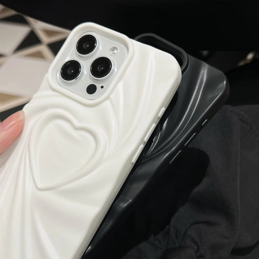 Fashion Fold Wrinkle 3D Love Heart Phone Case For iPhone 13 14 15 Pro Max 16 Plus 11 12 17 ProMax Soft Matte Silicone Full Cover 2026 Modern and Exclusive