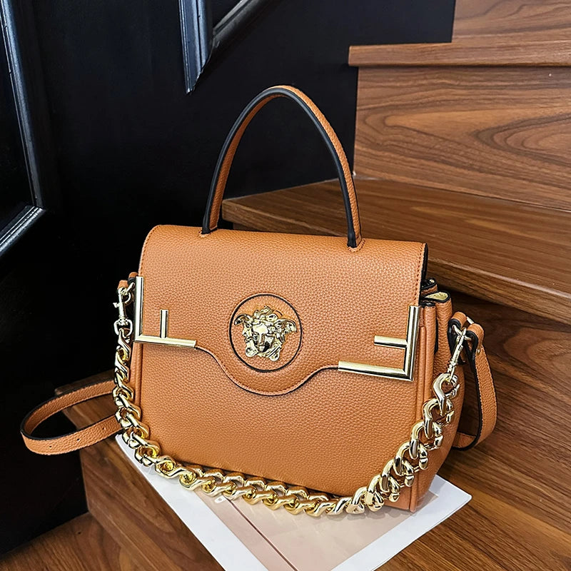 Chic Luxe Medusa-Inspired Handbag Leather-Texture PU Large Capacity Flap Magnetic Chain Adjustable Strap Crossbody Bag for Daily 2026