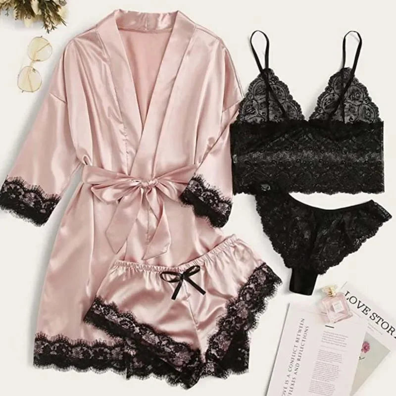 4 Pieces Woman Sleepwear Pajamas Ser With Robe Sexy Lace Lingerie Bathrobe Silk Satin Home Clothed Nightwear Robe. 2026