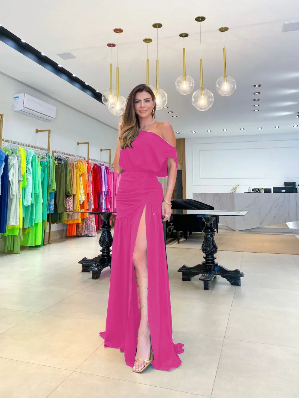 Women Straight Line Collar Dresses Short Sleeves Long Skirt Fashionable One Line Neck Split Floor Sweeping Holiday Sexy Dress 2026 Vestido Para Bodas Elegante Ocasion