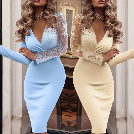 Evening Dresses for Women Spring Autumn Elegant Sexy Bodycon Dress Deep V-neck Long Sleeve Lace Formal Party Prom Gowns Vestidos 2026