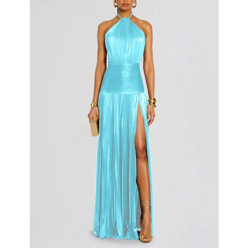 Luxurious Women Corset Party Cocktail Dress Sexy Off Shoulder Halter Folds Slit Guest Celebrity Long Dress Celebrity Prom Gown 2026 GOLD FASHION. VESTIDO PARA OCASION ELEGANTE