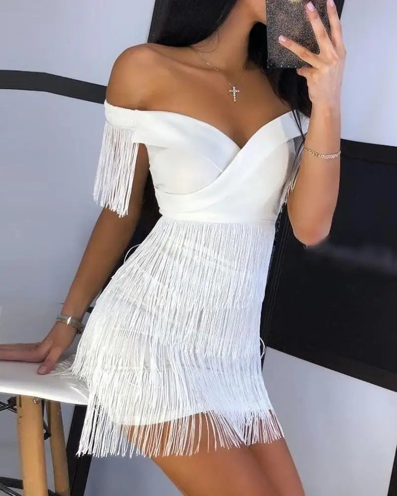 Women Evening Dresses Sexy Big V Neck One-shoulder Fringed Skirt Ladies Temperament Slim Dress Short Sleeve Club Dress Vestidos 2026 Casual Drew