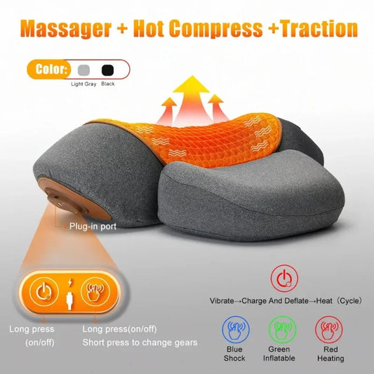 Cojín Masajeador de Cuello Eléctrico — Estirador Cervical con Calor, Vibración y Masaje, Tracción para la Espalda, Almohada Ortopédica para Dormir con Soporte