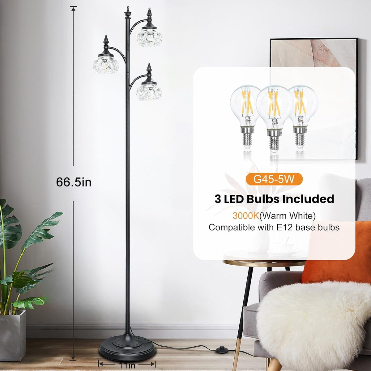 Black 66Inch Tall Floor Lamp Dimmable Bulbs Included