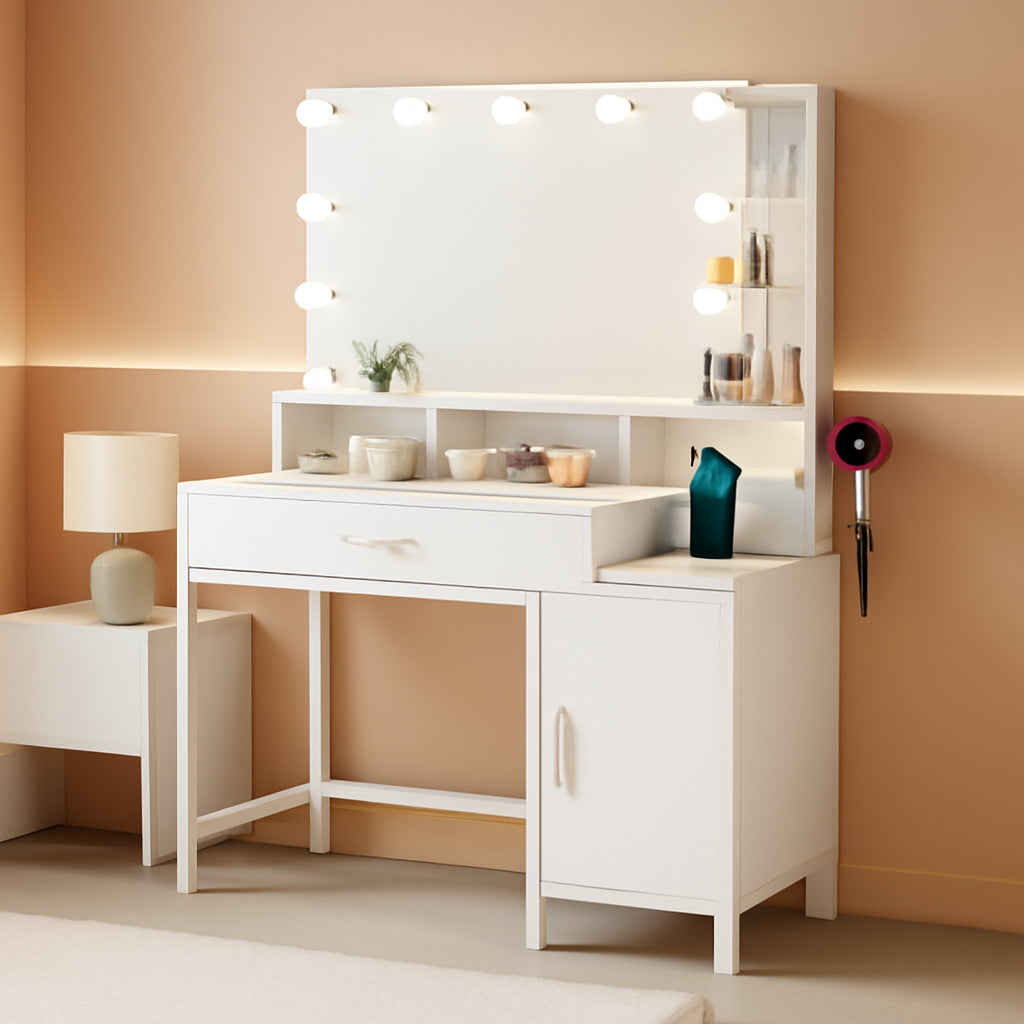 White Vanity Desk With Integrated Power Outlet Cabinet