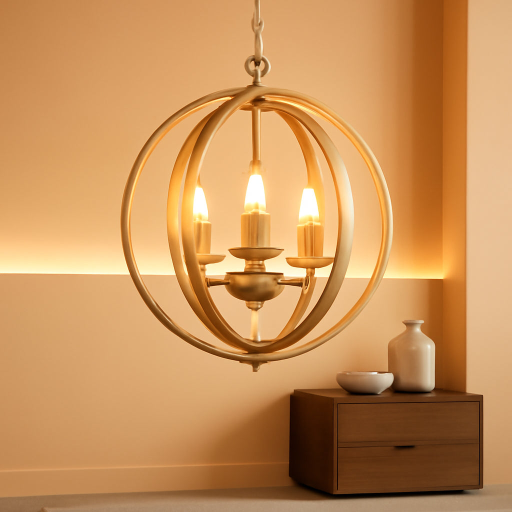 Gilded Orbital Chandelier Three Light Pendant Fixture