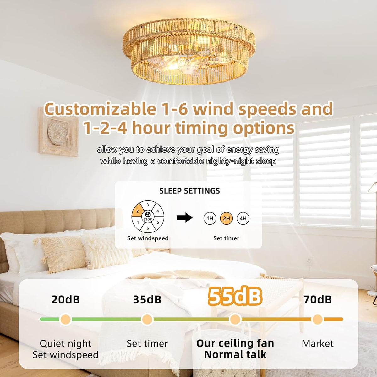 Brown Rattan Flush Mount Ceiling Fan Integrated Remote