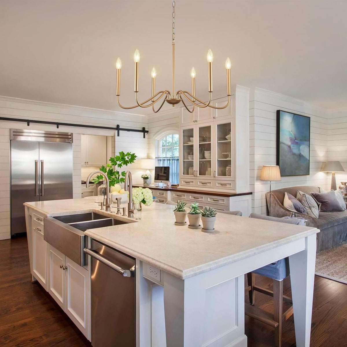 Golden Farmhouse Chandelier Dining Room Six Lights
