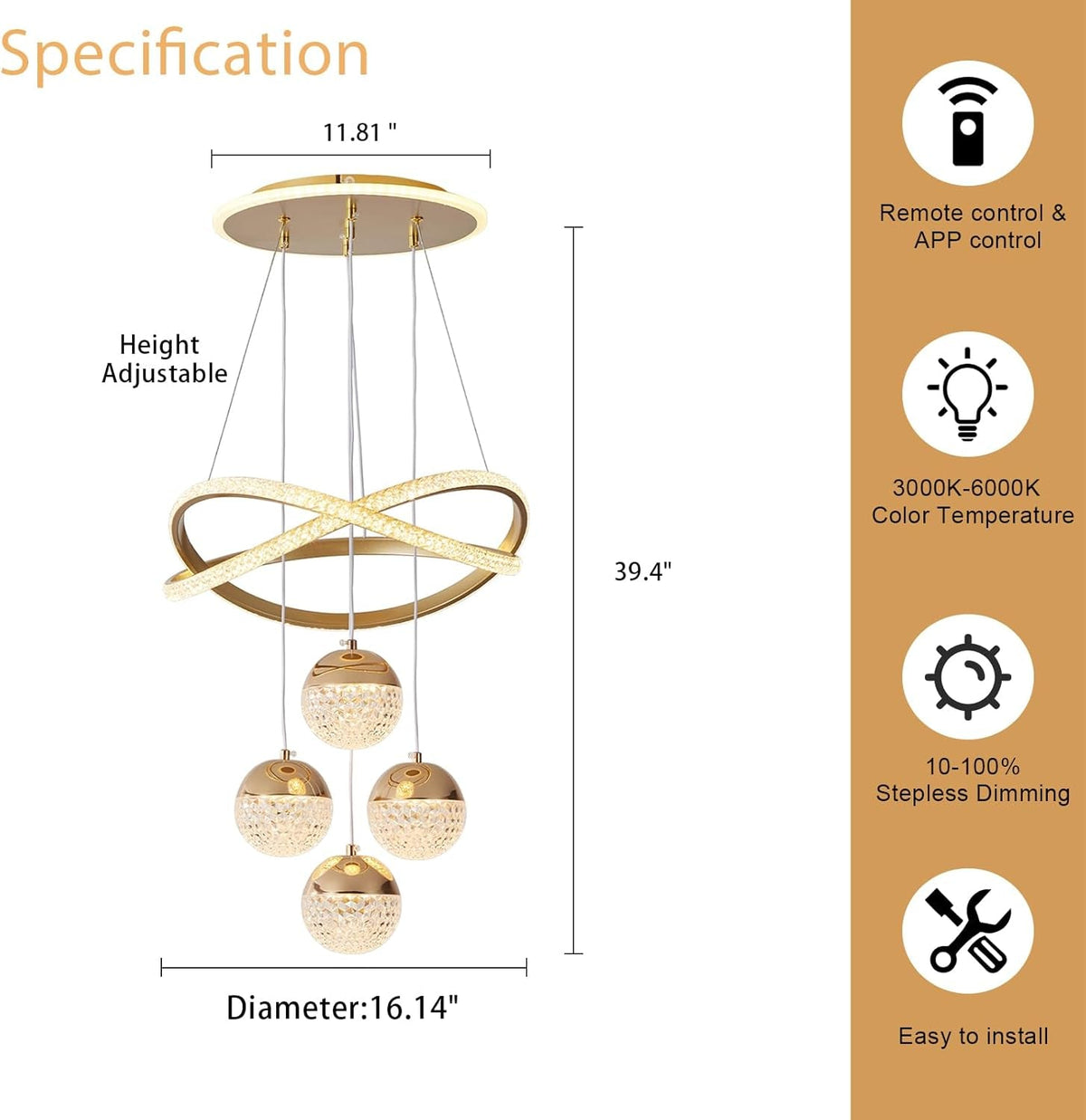 Gold Chandeliers Pendant Light Dimmable Three Color