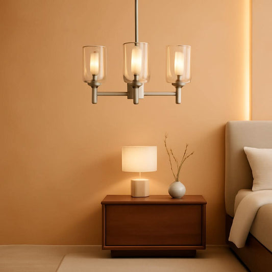 3 Light Brushed Nickel Chandelier With Clear Glass Shades For Dining Room And Entryway