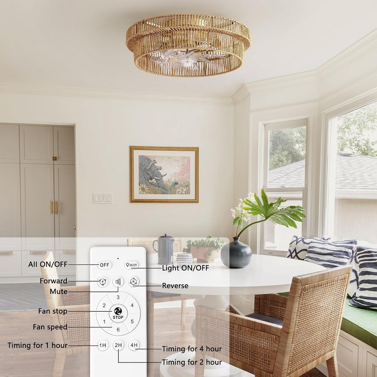 Brown Rattan Flush Mount Ceiling Fan Integrated Remote