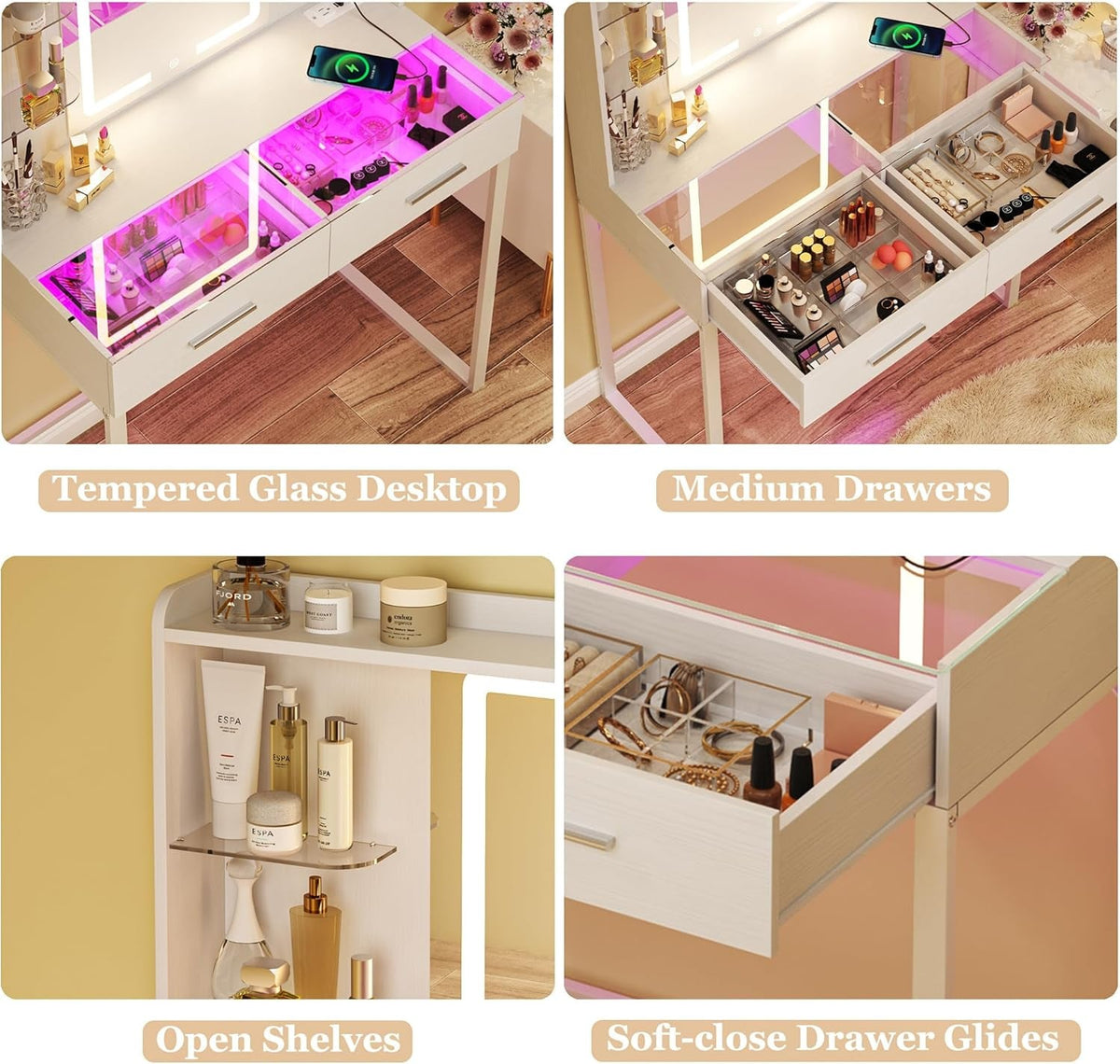 ThirtyOneInch White Vanity Desk With RgbLed Lights