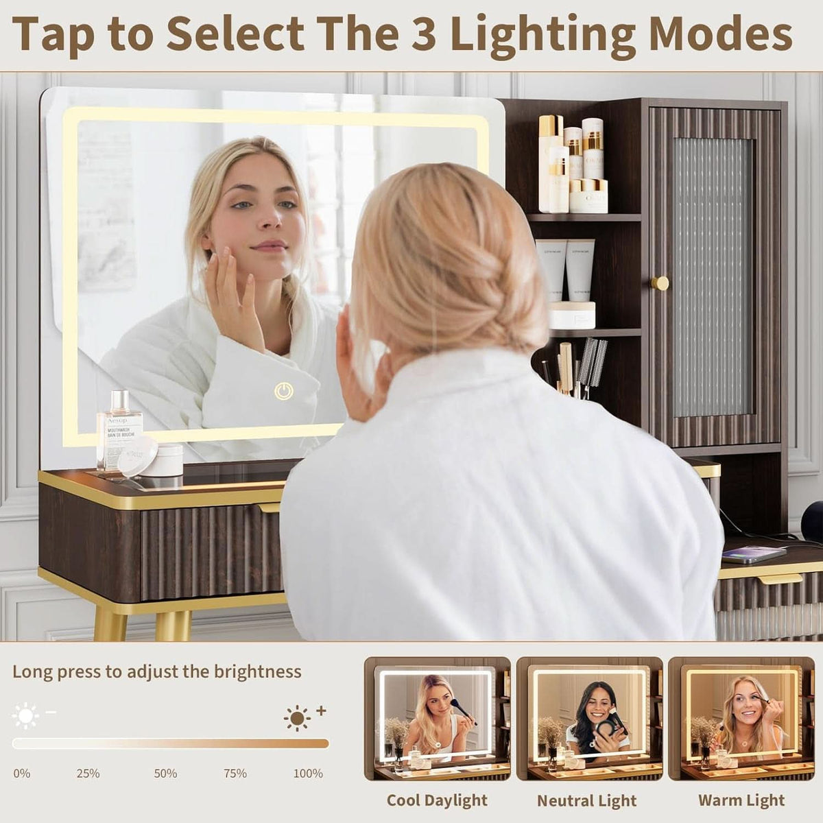 48 Inch Vanity Desk With Mirror Led Lights And Charging Station. Mesa para maquillaje, mesa para dormitorio. Mesa Moderna de maquillaje