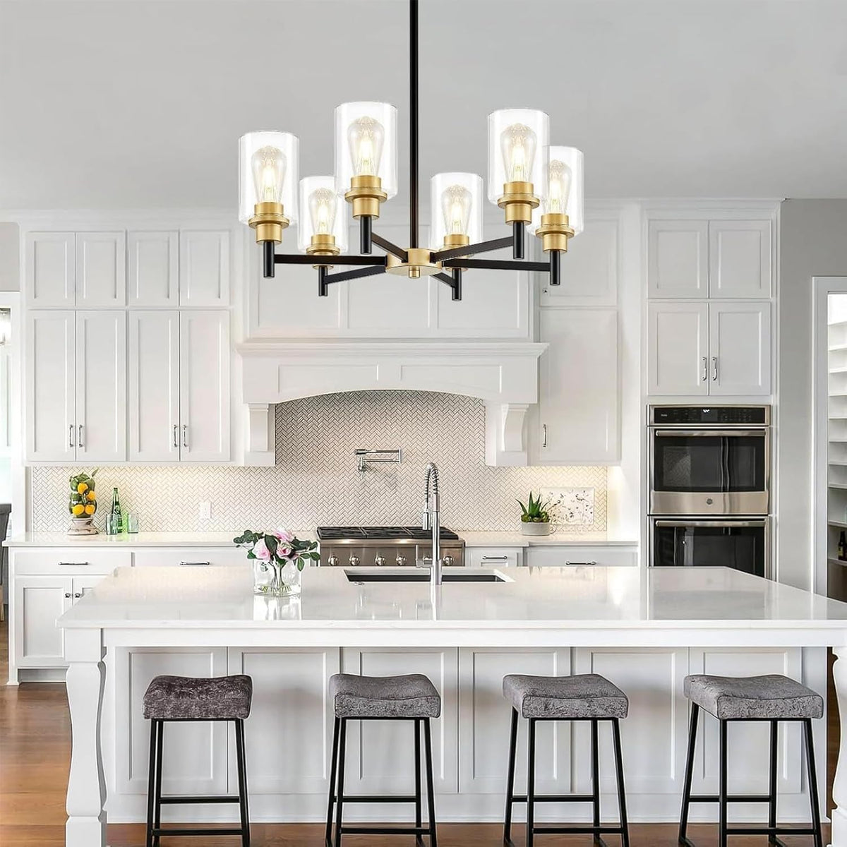 Six Light Black Gold Chandelier Fixture Clear Glass Shades