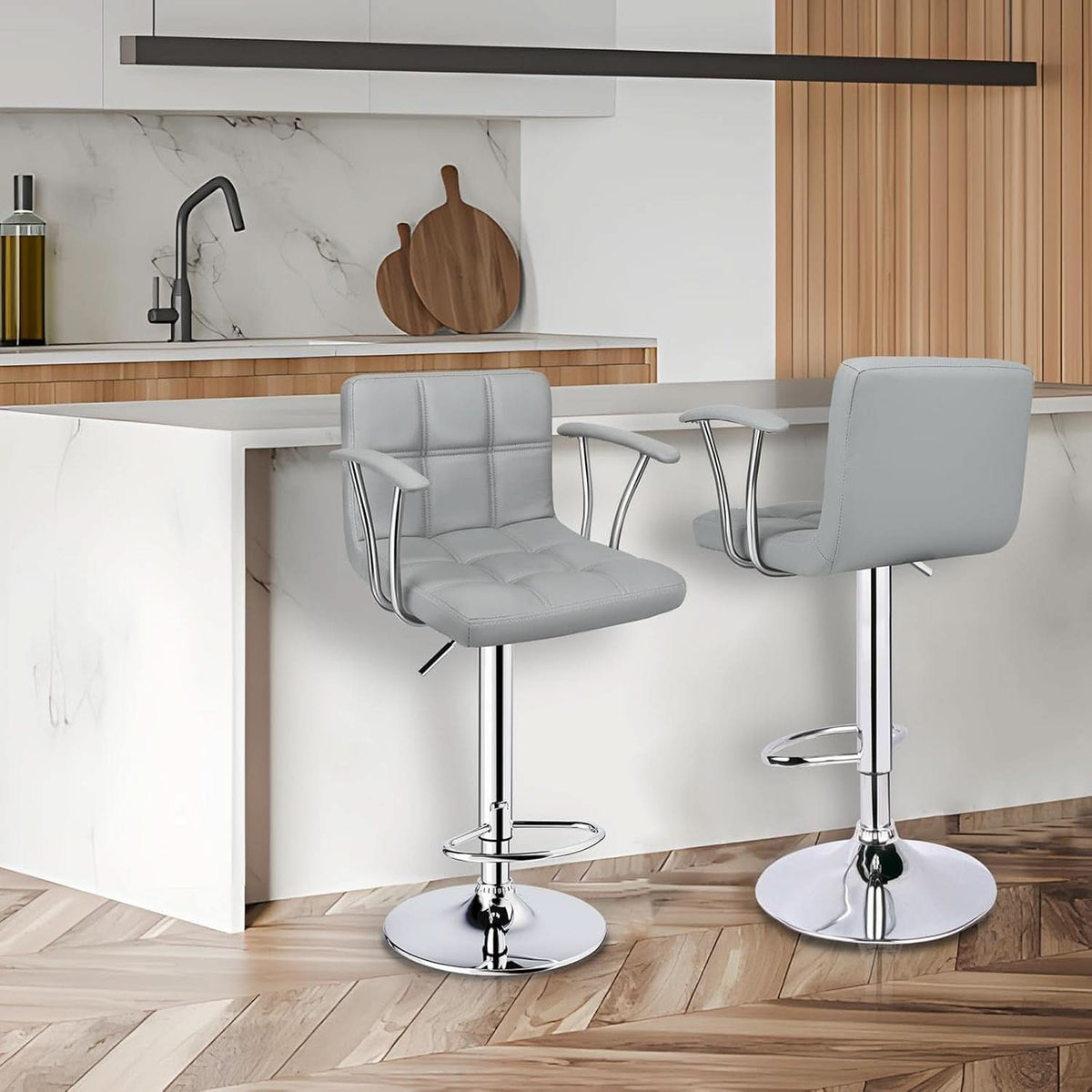 Counter Height Bar Stools Set 2 Armrest Swivel Leather Grey