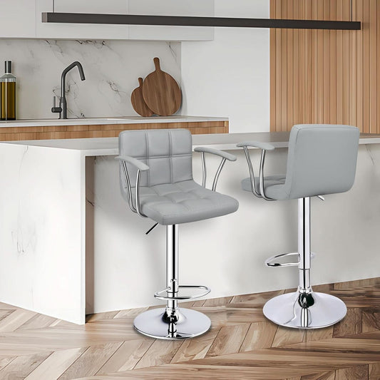 Counter Height Bar Stools Set 2 Armrest Swivel Leather Grey