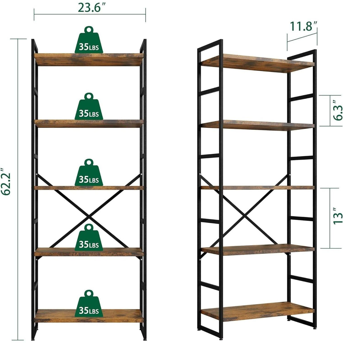Pair Of 5 Shelf Bookcases Rustic Brown Industrial Tall
