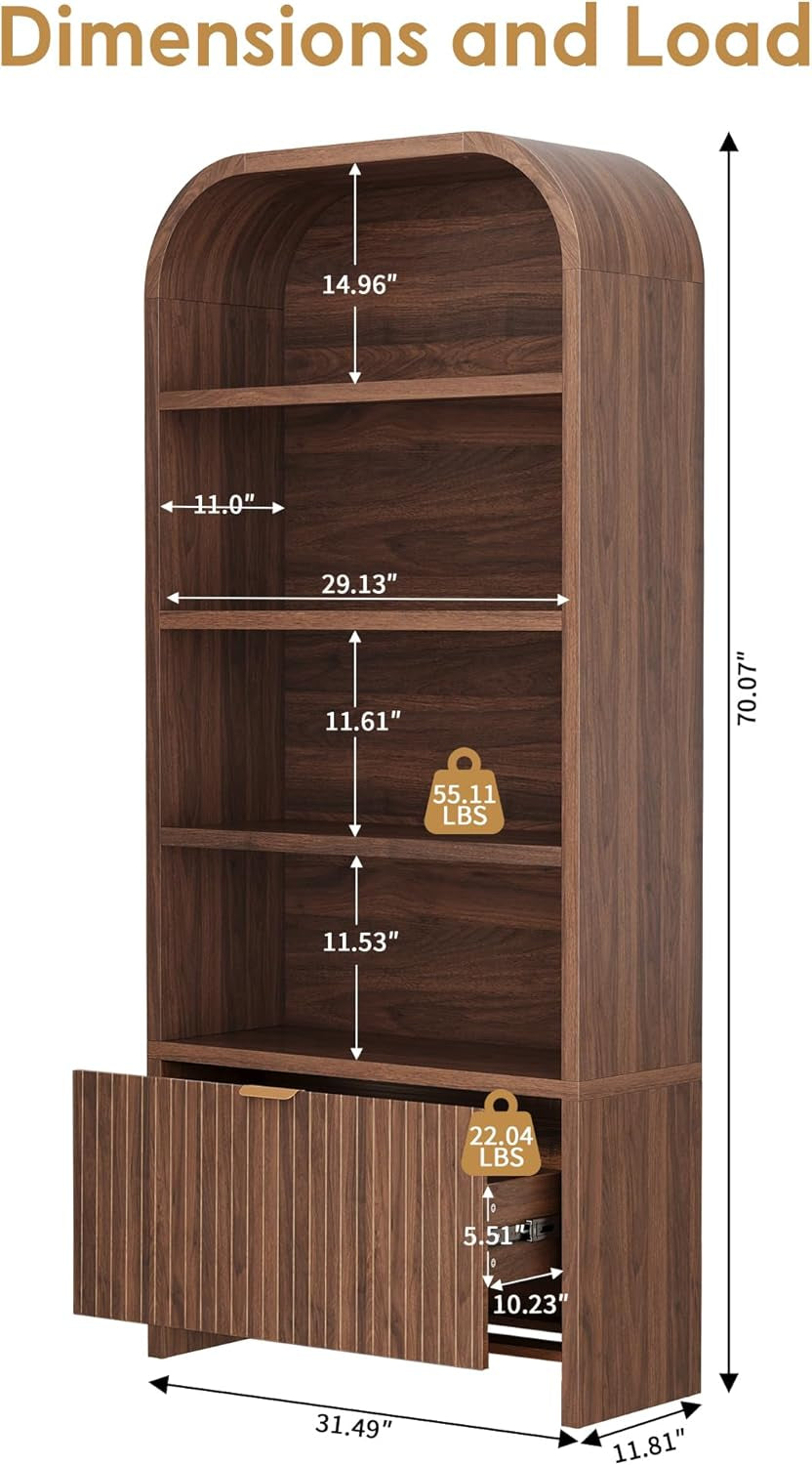 Walnut 70-Inch Freestanding Arched Bookcase Fluted Drawer