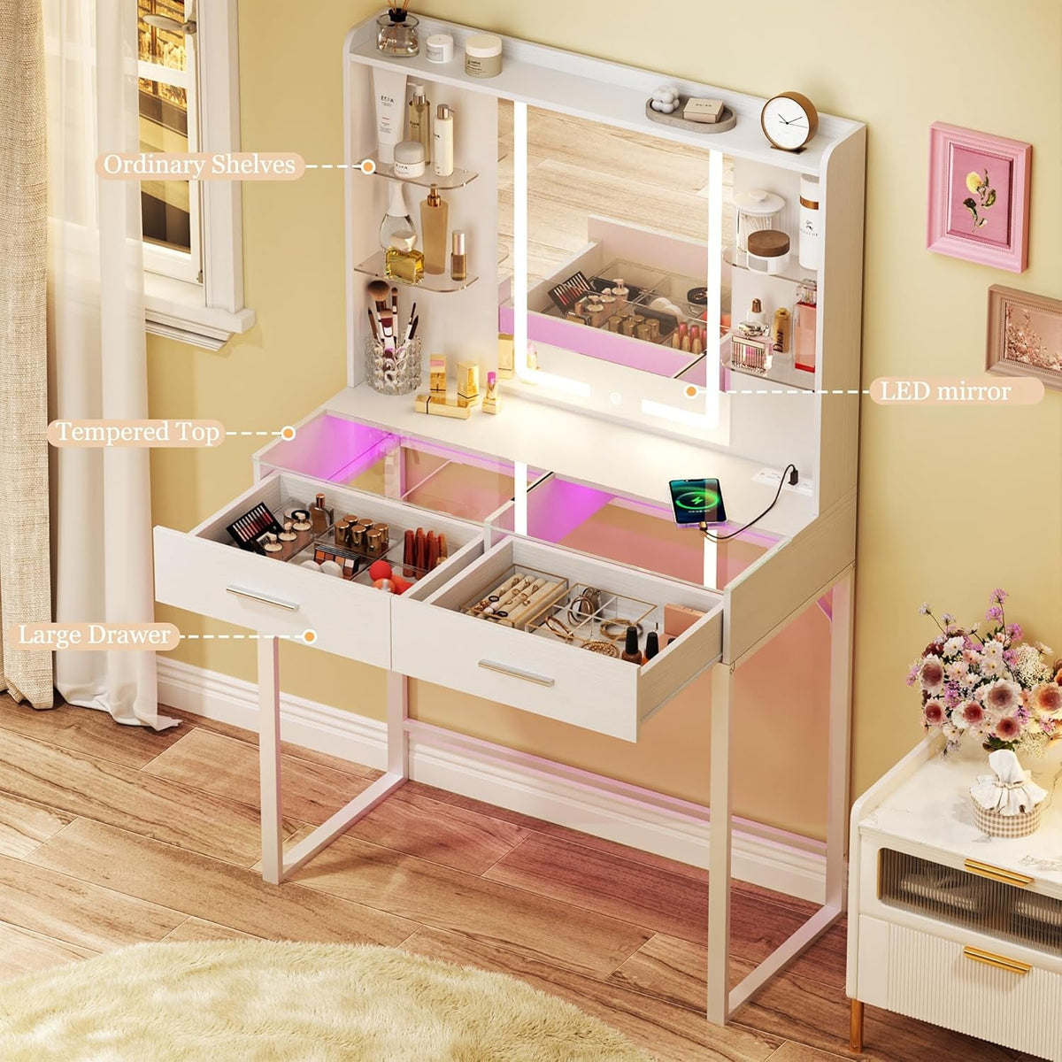ThirtyOneInch White Vanity Desk With RgbLed Lights
