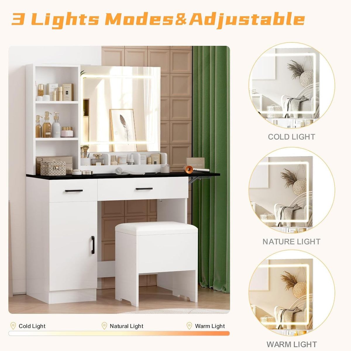 Black Farmhouse Vanity Desk With Integrated Lighting