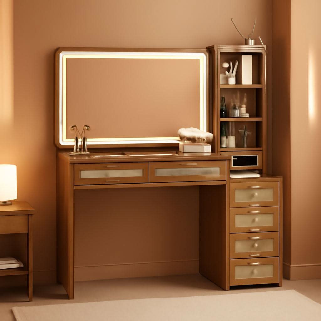 Rattan Vanity Desk 43.5-Inch With Illuminated Mirror. Mesa de Maquillaje, mesas para dormitorios
