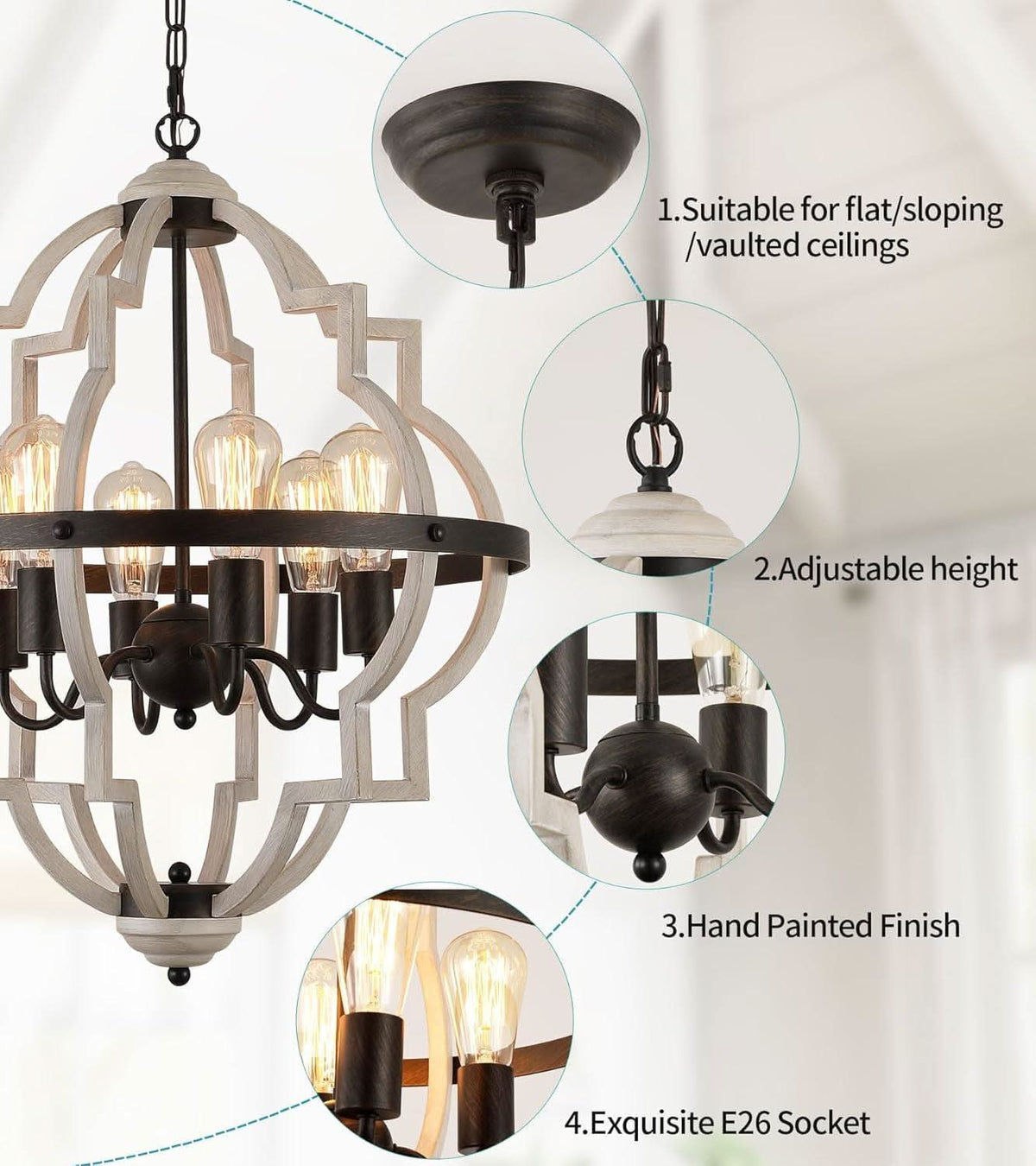 Industrial Oak Finish Farmhouse Chandelier Six Light