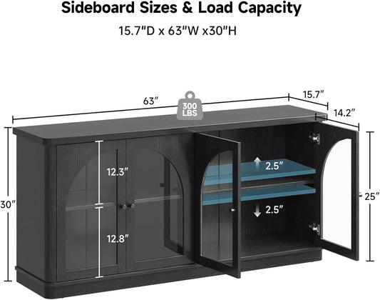 63Inch Black Sideboard Buffet Cabinet Glass Doors Modern
