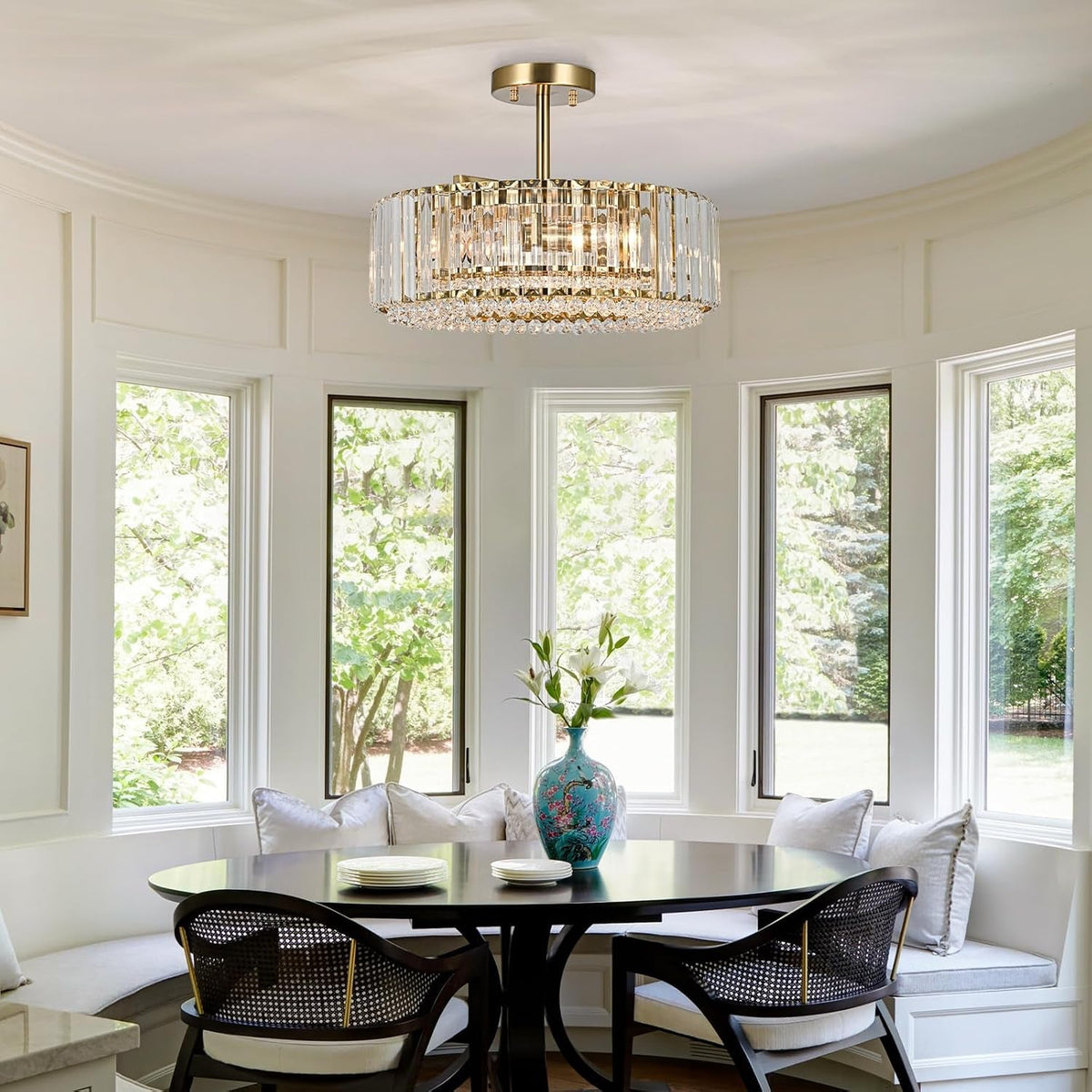 Gold Crystal Chandelier Semi Flush Mount Luminaire