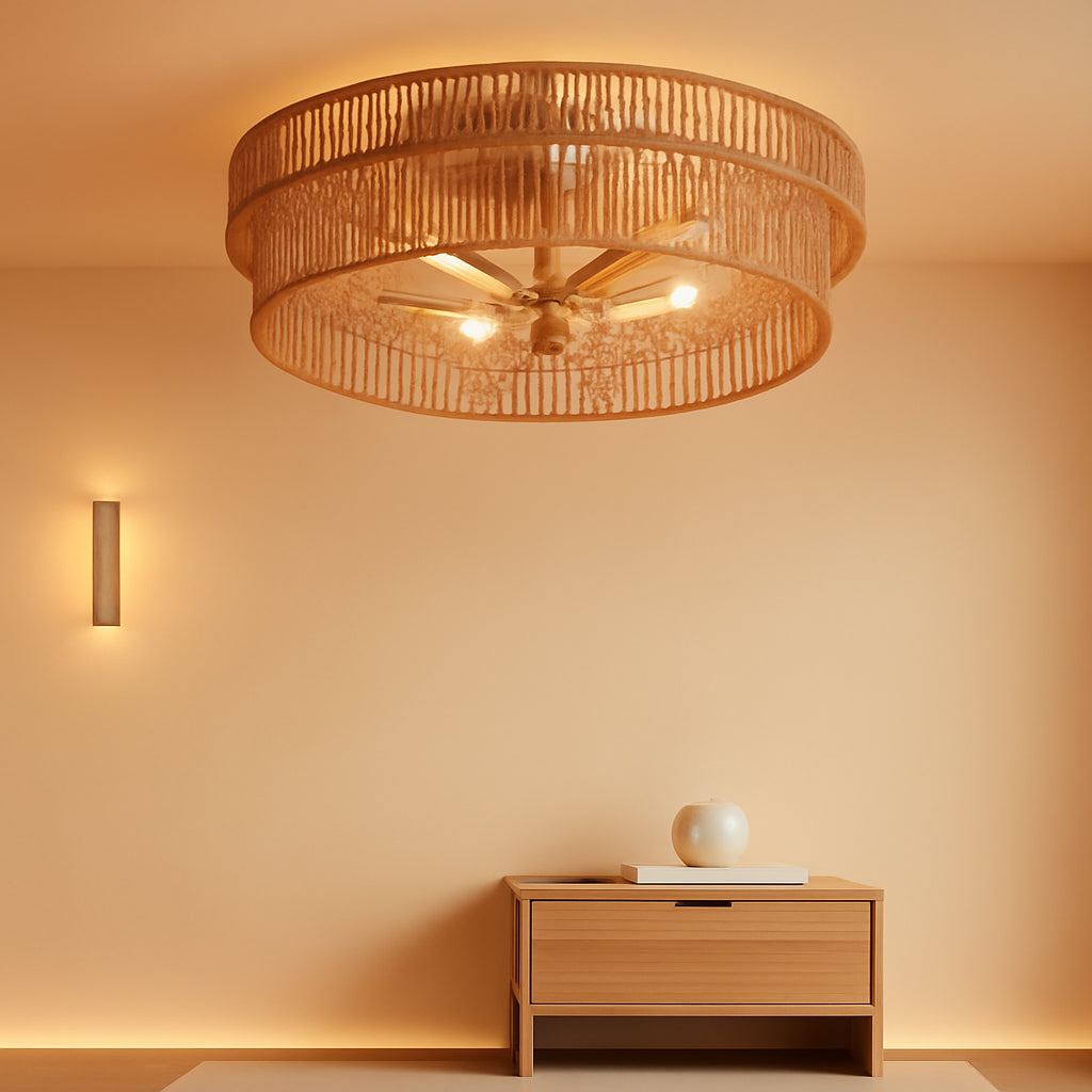 Brown Rattan Flush Mount Ceiling Fan Integrated Remote