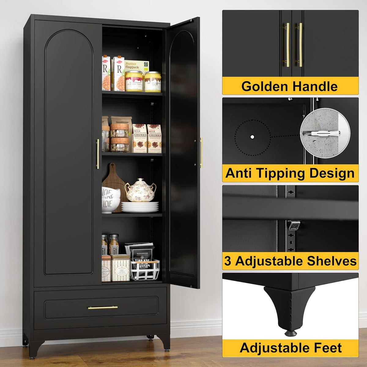 75In Black Industrial Pantry Cabinetry With Drawers