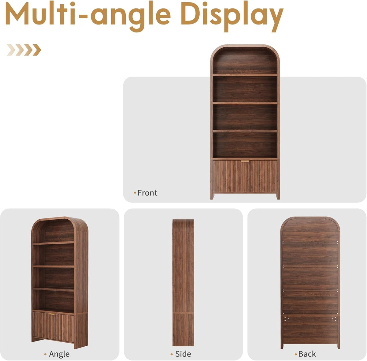 Walnut 70-Inch Freestanding Arched Bookcase Fluted Drawer