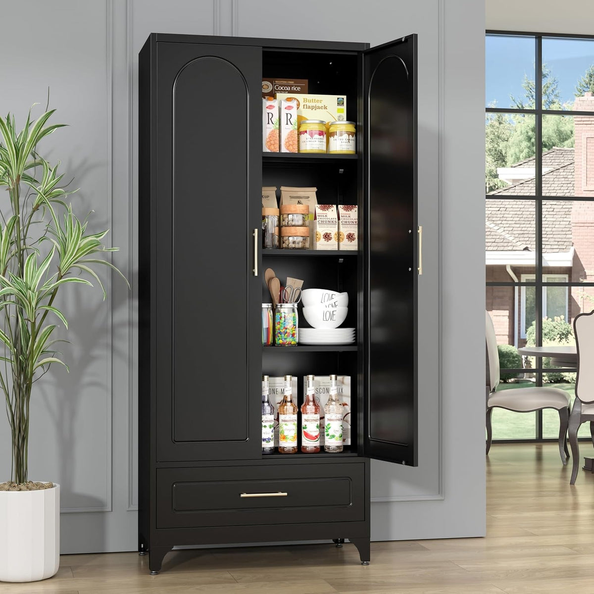 75In Black Industrial Pantry Cabinetry With Drawers