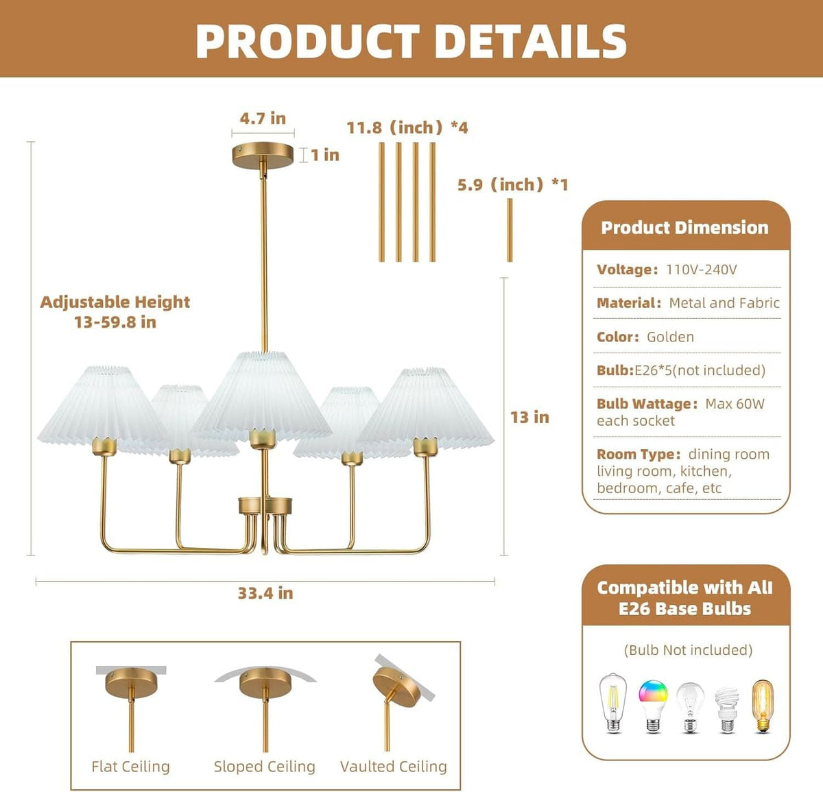 Golden Five Light Chandelier With Adjustable Height