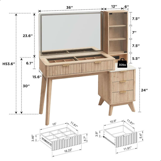 Forty EightI nch Fluted Vanity Desk Natural Oak Mirror