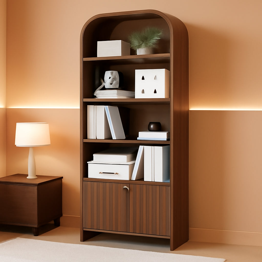 Walnut 70-Inch Freestanding Arched Bookcase Fluted Drawer