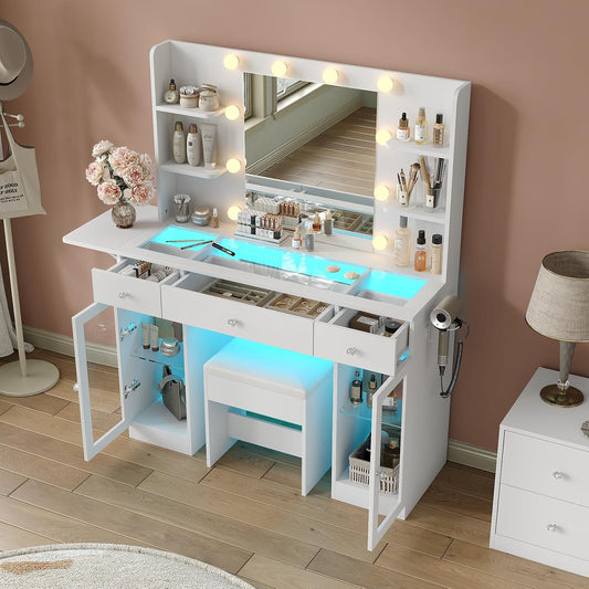 White Makeup Vanity Desk Station With RGB Illumination