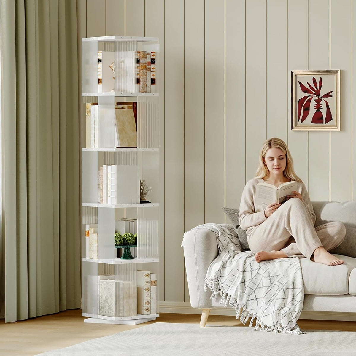 5-Tier Rotating Bookshelf With Clear Acrylic Panels