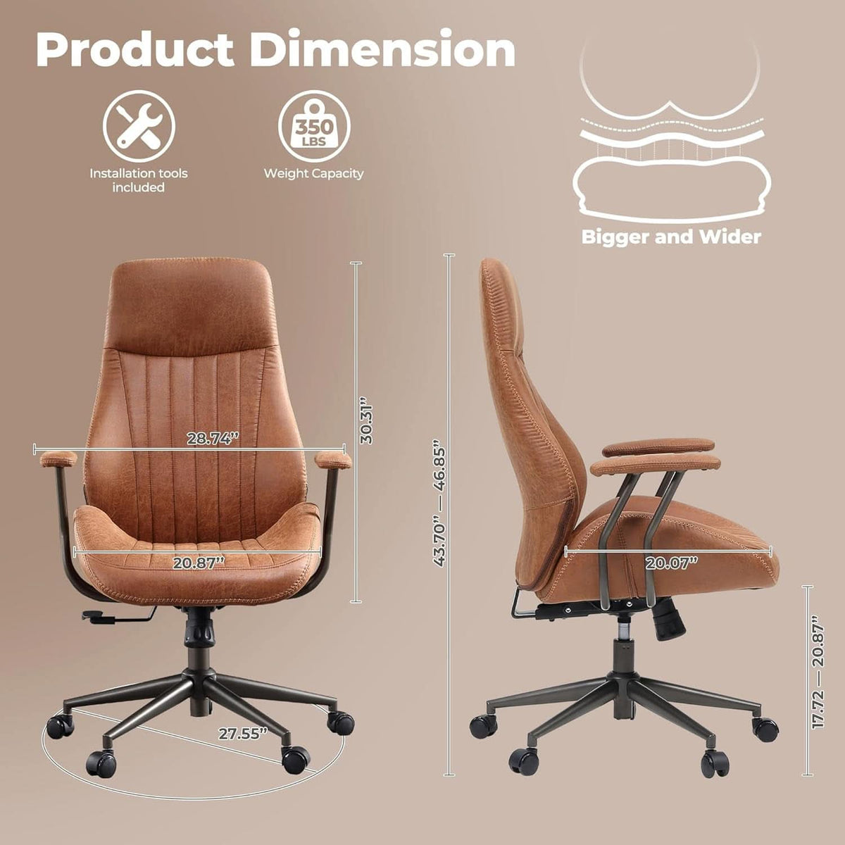 Ergonomic Mid Century Leather Office Chair With Lumbar