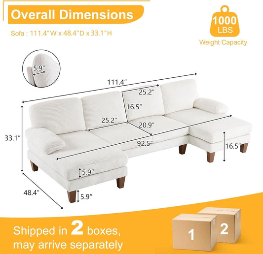 Beige 111 Inch U Shape Corduroy Sectional Sofa With Chaises