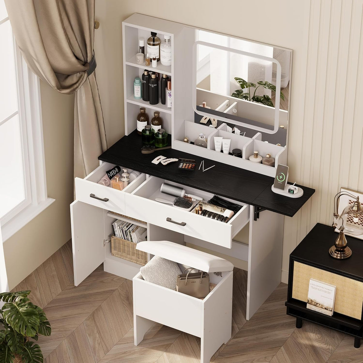 Black Farmhouse Vanity Desk With Integrated Lighting