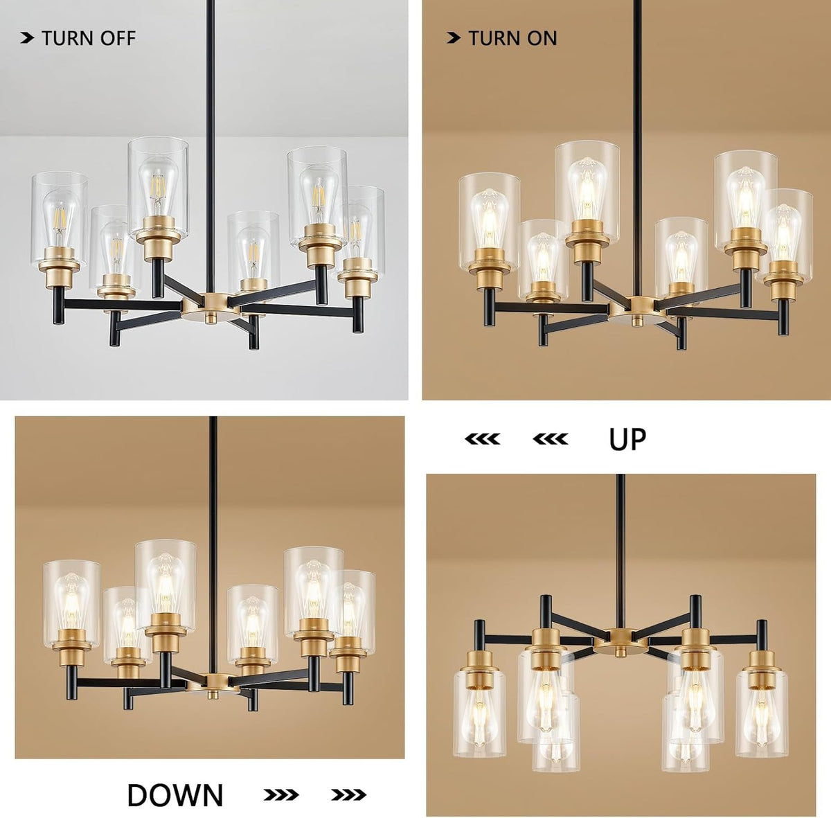 Six Light Black Gold Chandelier Fixture Clear Glass Shades