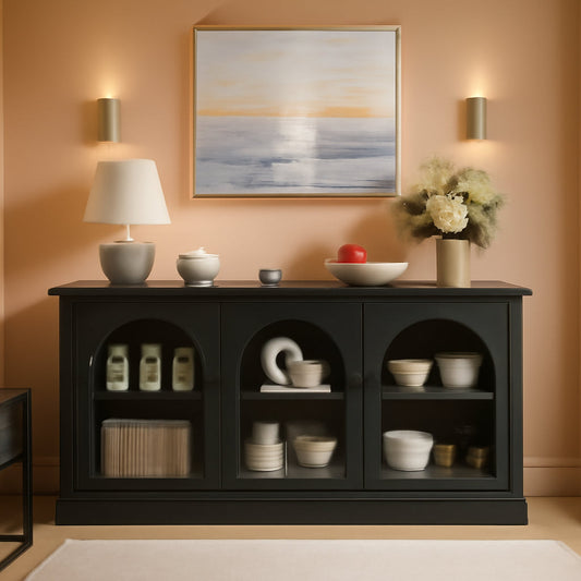 63Inch Black Sideboard Buffet Cabinet Glass Doors Modern