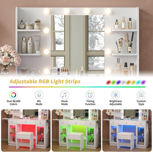White Makeup Vanity Desk Station With RGB Illumination
